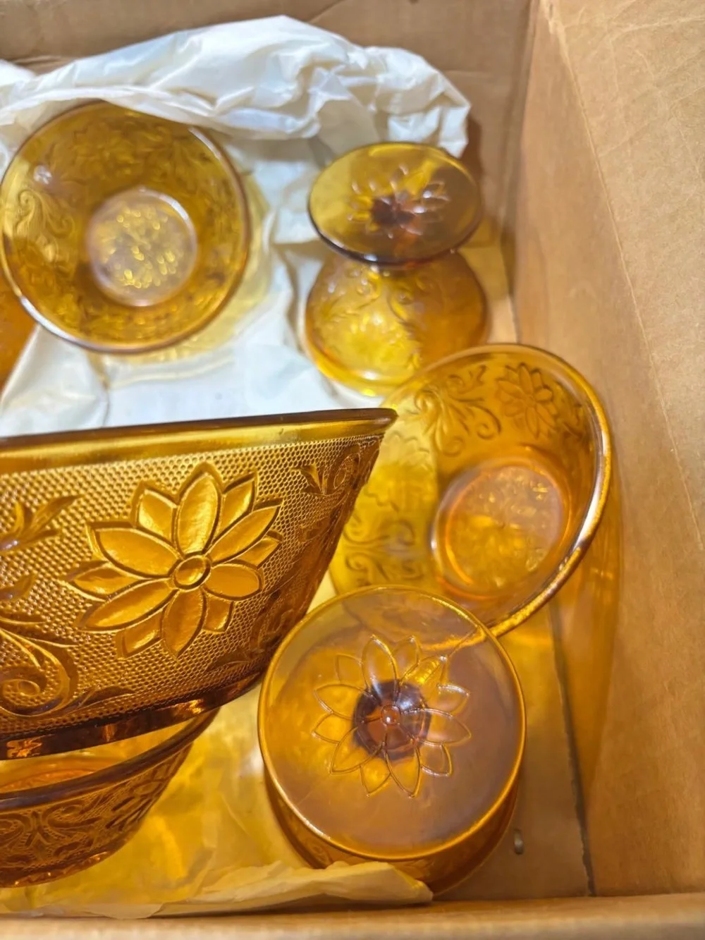Tiara Exclusives Amber Indiana Glass Sandwich Pattern Serving Set